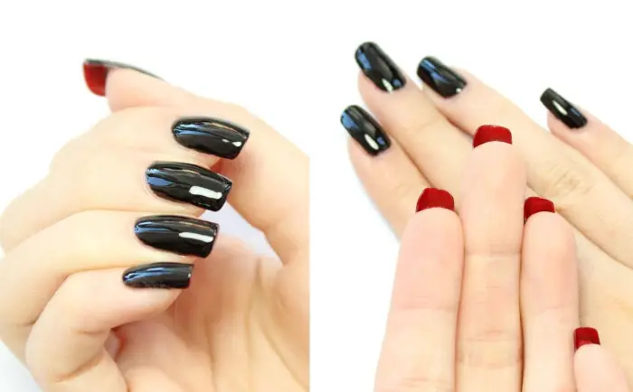 design créatif en double face avec vernis de base gel noir et vernis rouge, manucure gel sur ongles longs