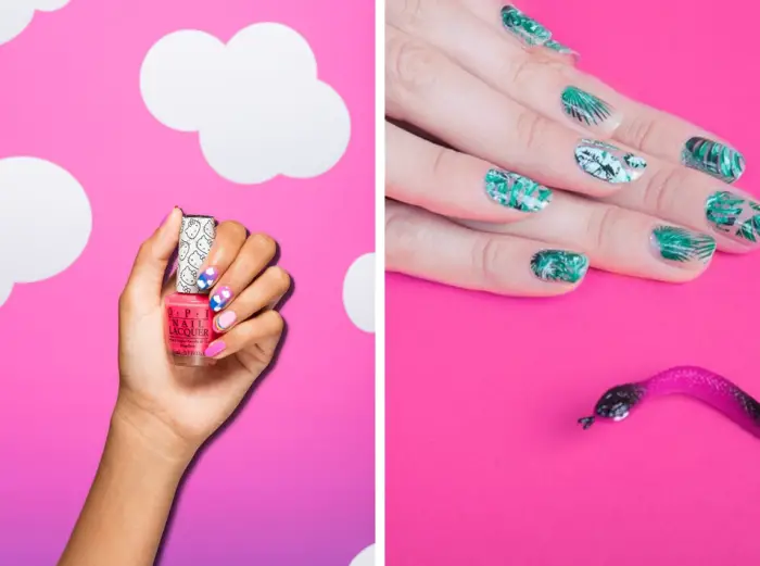 couleur ongle moderne, tendance nail art pour ongles mi-longs à décoration amusante tropicale ou unicorn