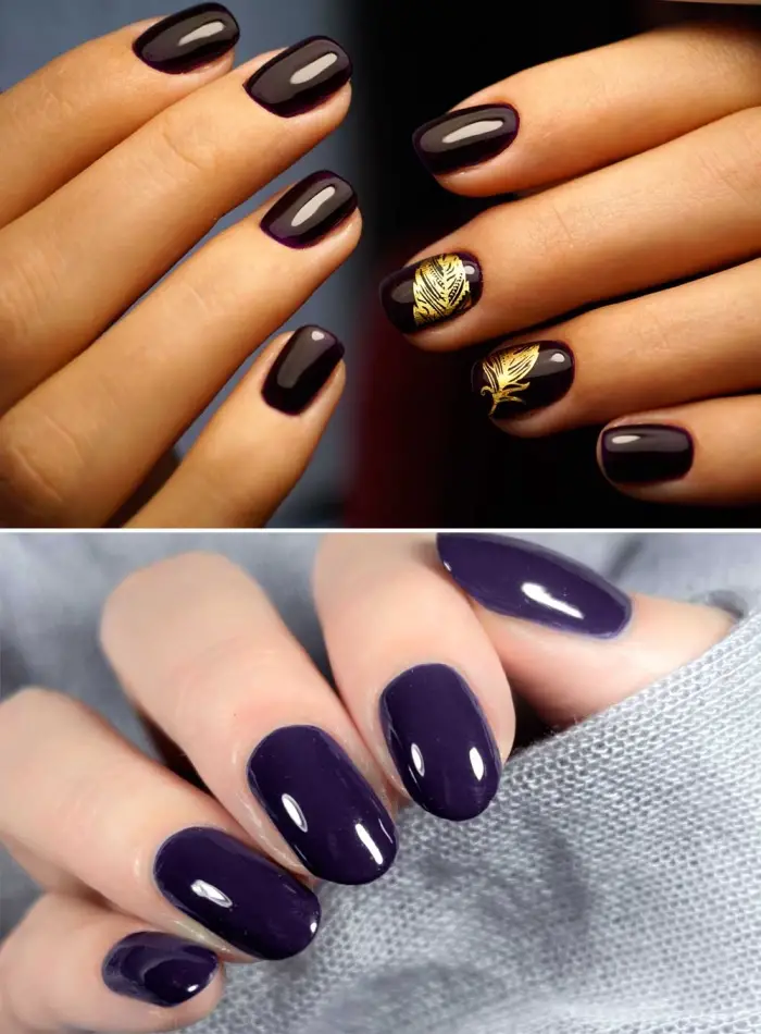 jolies ongles en gel mi-longs peints en vernis foncés de nuance bordeaux et violet